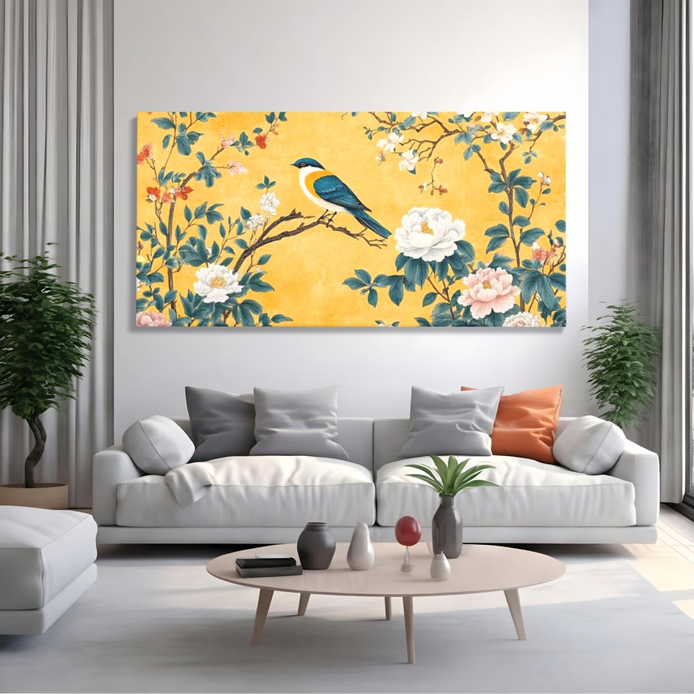 Tablou canvas cu tablou canvas cu pasare pe creanga si bujori, fara rama, pe sasiu de lemn, pe perete intr-un living